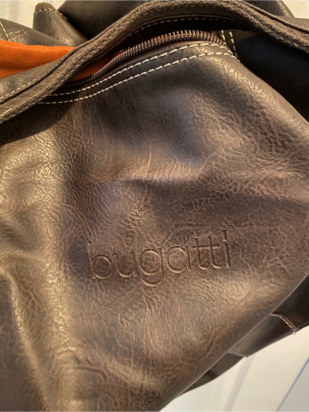 Bugatti Dark Brown Leather Messenger Bag with Orange Accent faux leather
